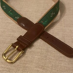 PRESTON Men’s Woven Ribbon Belt Leather 32” Green Golf Icons 1” Wide Made In USA